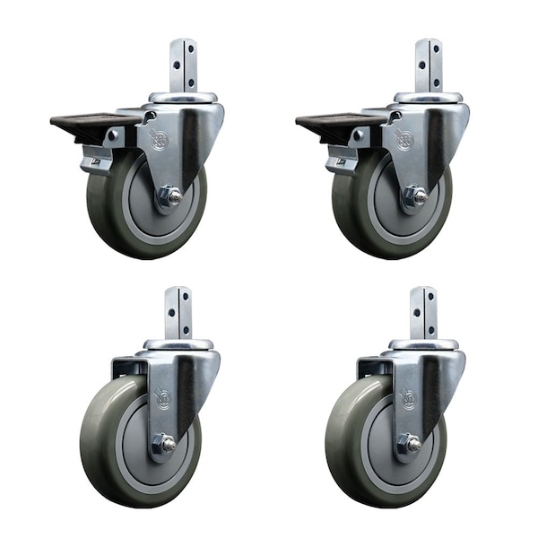 Service Caster 4'' Gray Polyurethane Wheel Swivel 7/8'' Square Stem Caster Set 2 Brakes, 4PK SCC-SQ20S414-PPUB-GRY-PLB-78-2-S-2 - main